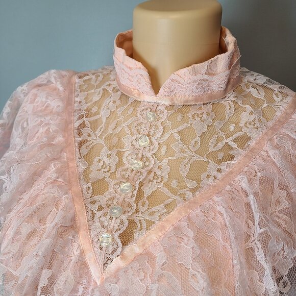 Vintage 70s Victorian Cottagecore Pink Lace Flounce Sleeve Prairie Maxi Dress S - Picture 7 of 16